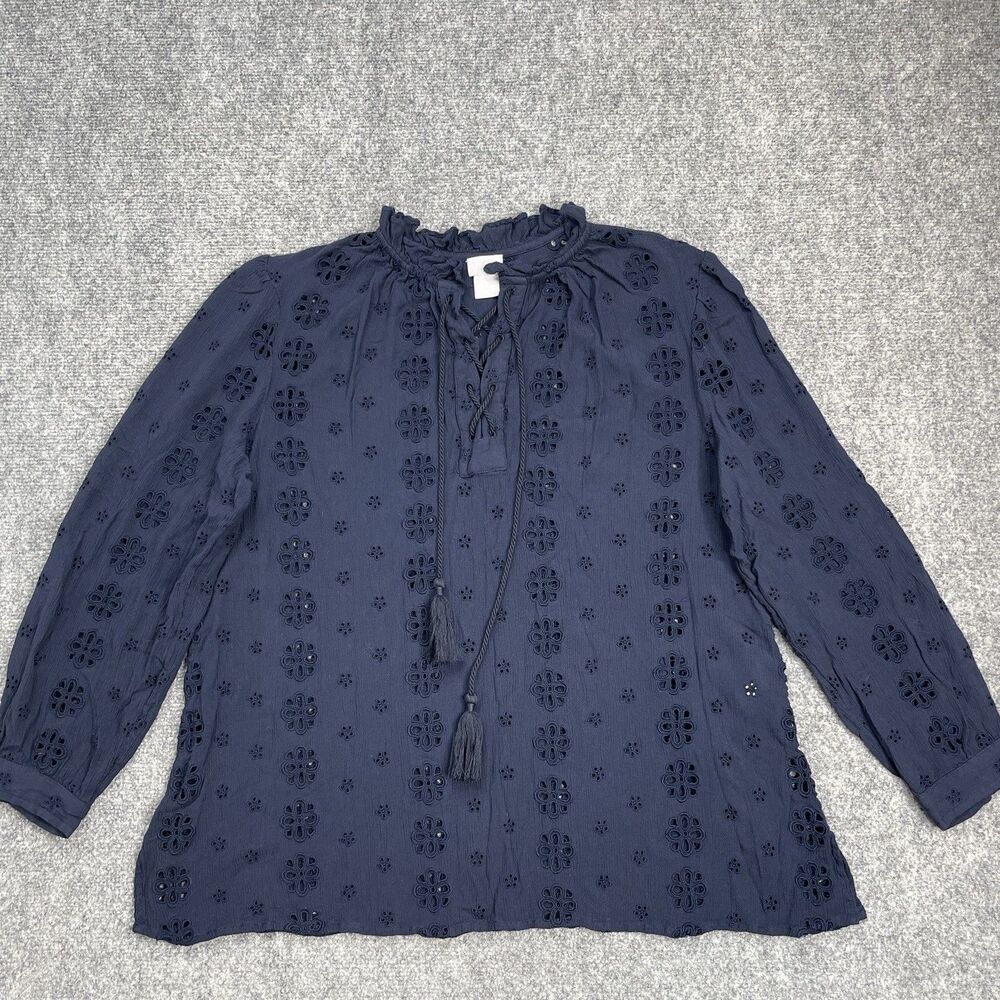 Chicos Eyelet Embroidered Top Sz 2 Womens Large 12/14 Navy Tasseled Tie Neck